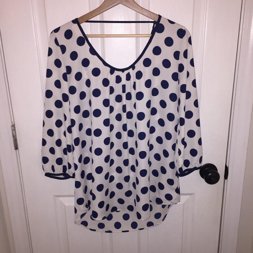 Bo Bel Blue & White Polka Dot Blouse, NWT